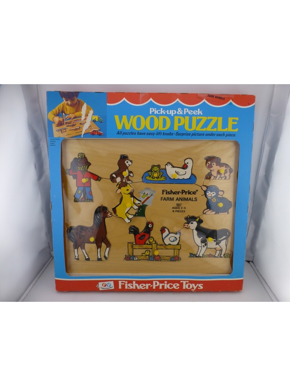 Vintage Fisher-Price Pick-up & Peek Wood Puzzle Farm Animals #507 - F1